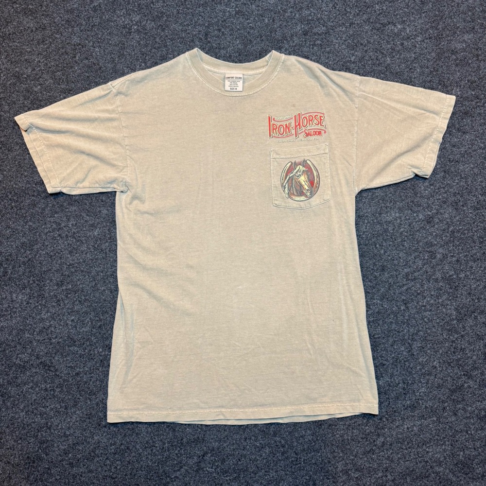 Comfort Colors Iron Horse Saloon Ormond Beach FL Biker Pocket T-Shirt Tan Medium